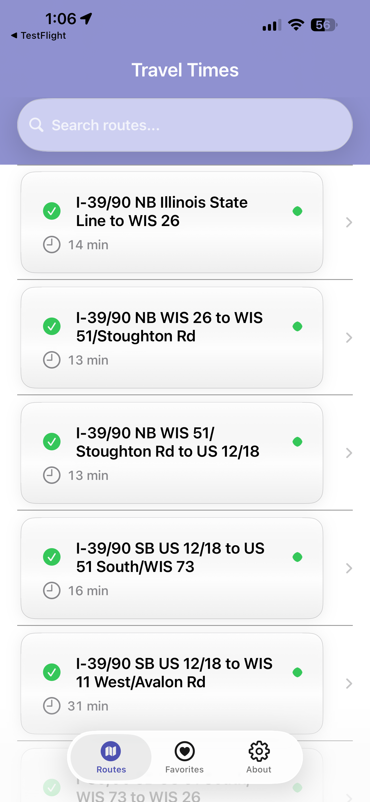 Travel Times Milwaukee app screenshot