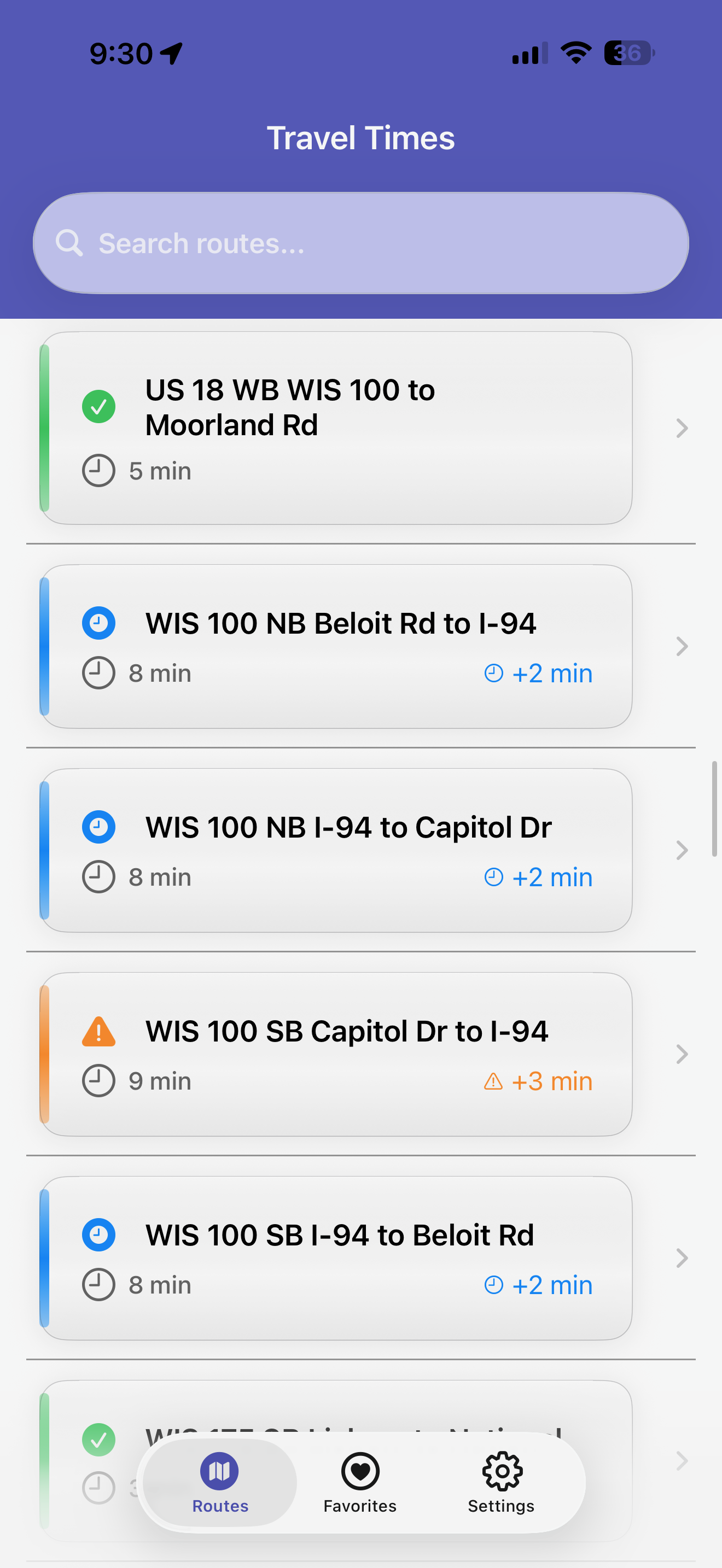 Routes list showing color-coded statuses — green, info, and warning — with minute-level delay badges beside each route.