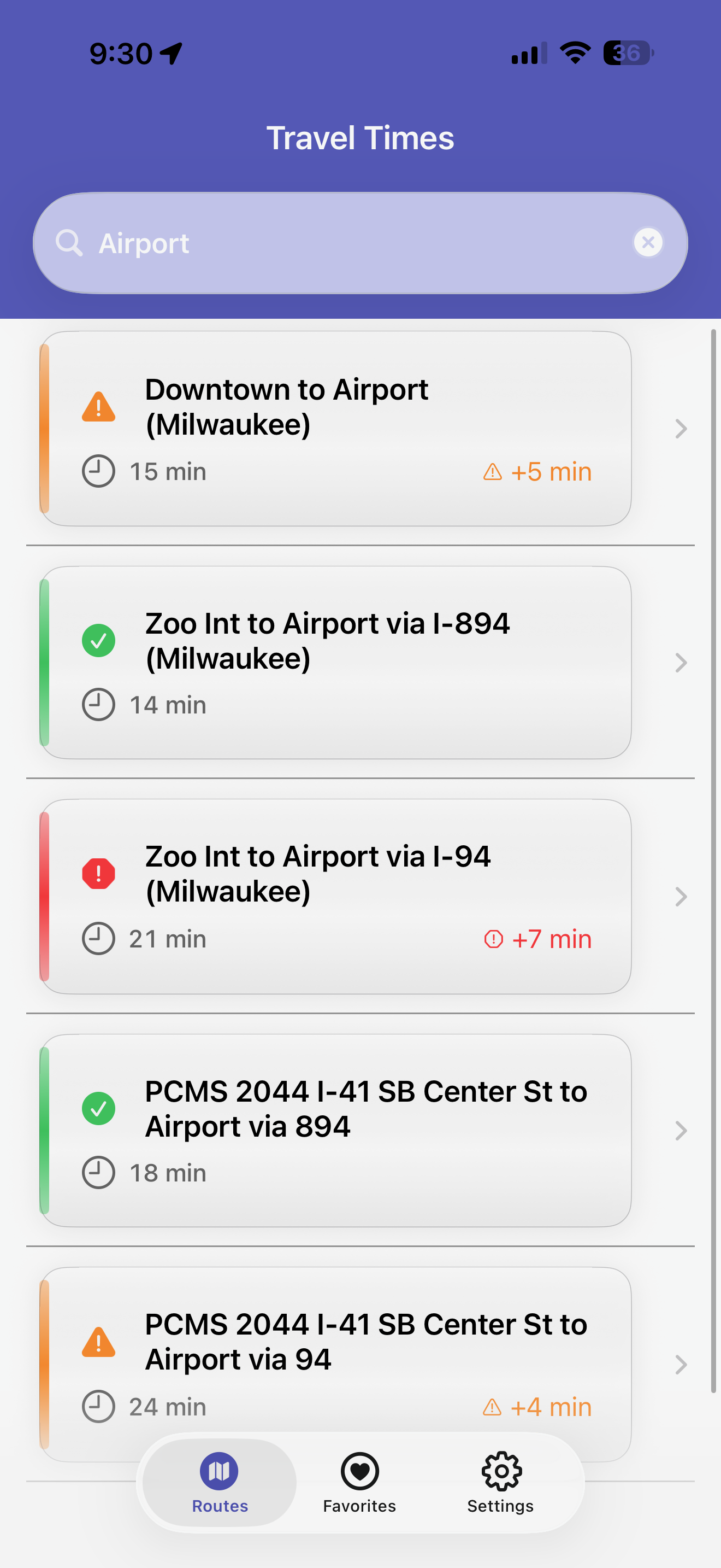 Search view filtered to Airport routes showing a mix of clear, slowing, and congested routes with delay minutes.