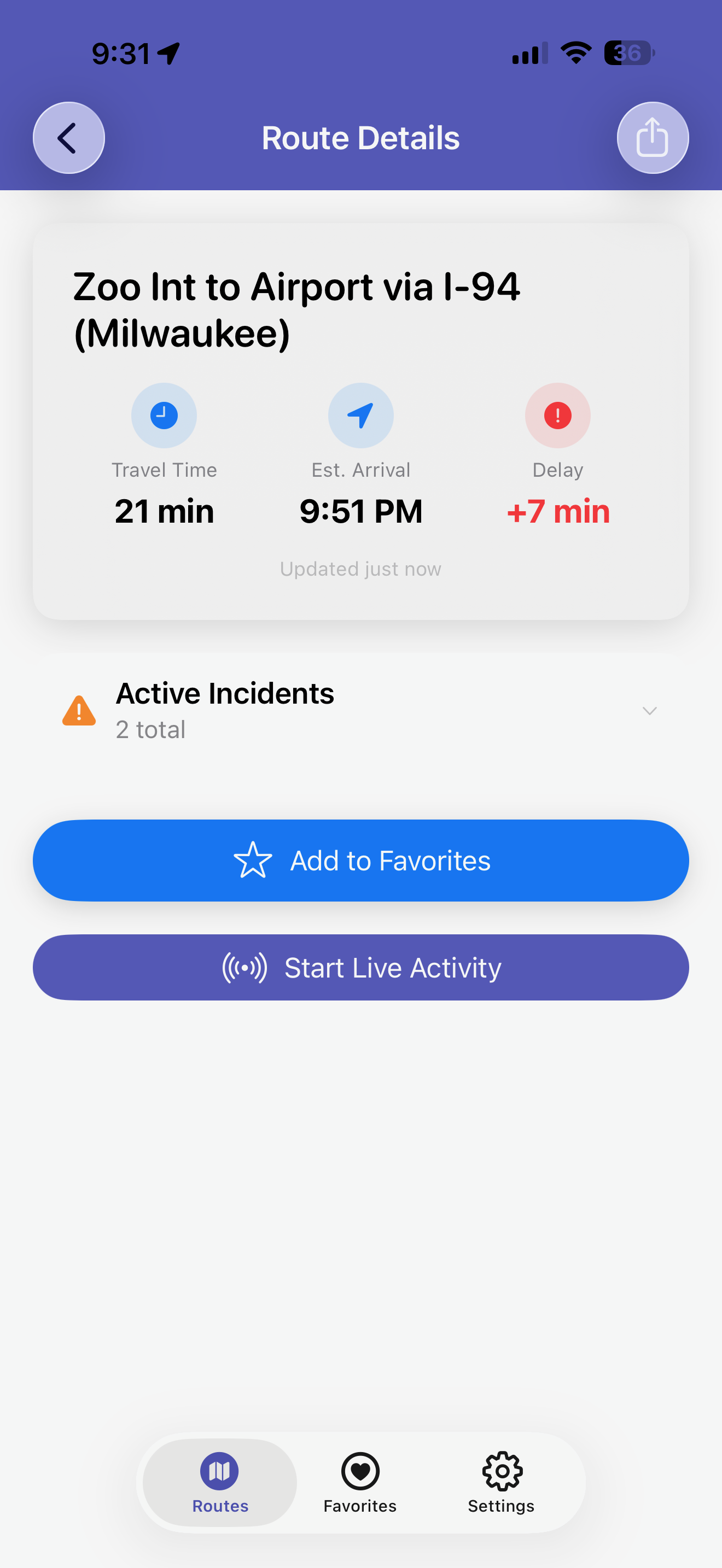 Redesigned Route Details screen showing horizontal stat cards for Travel Time, Estimated Arrival, and Delay, with Add to Favorites and Start Live Activity buttons.