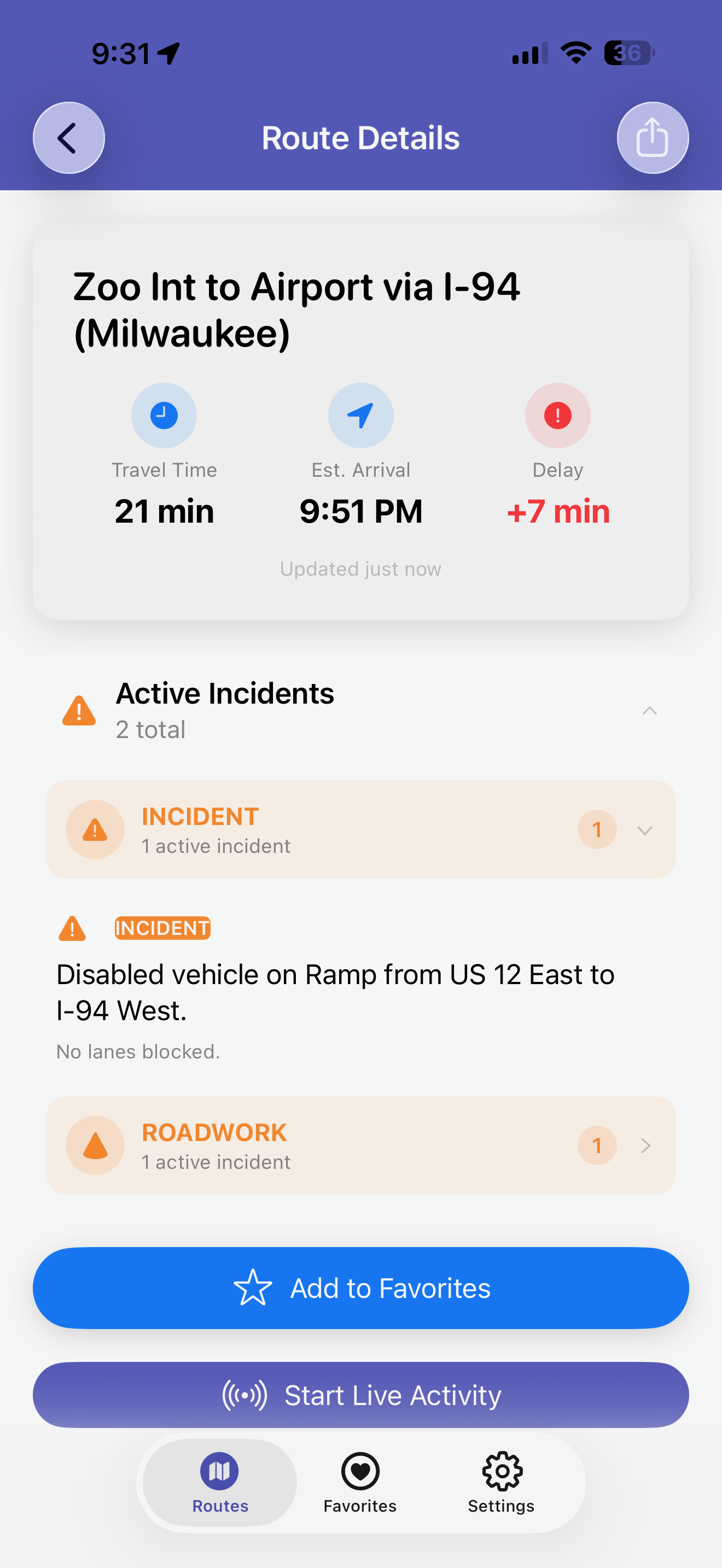 Route Details screen with the Active Incidents section expanded, grouping an incident for a disabled vehicle and a roadwork entry.
