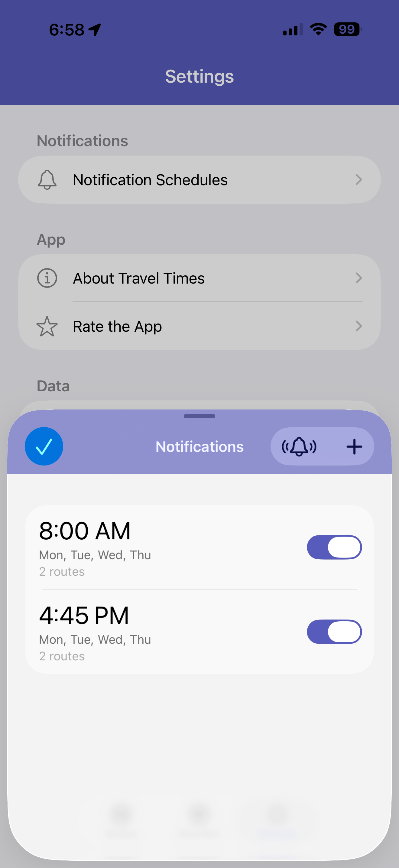 Settings screen showing Notification Schedules with scheduled alerts at 8:00 AM and 4:45 PM on weekdays.