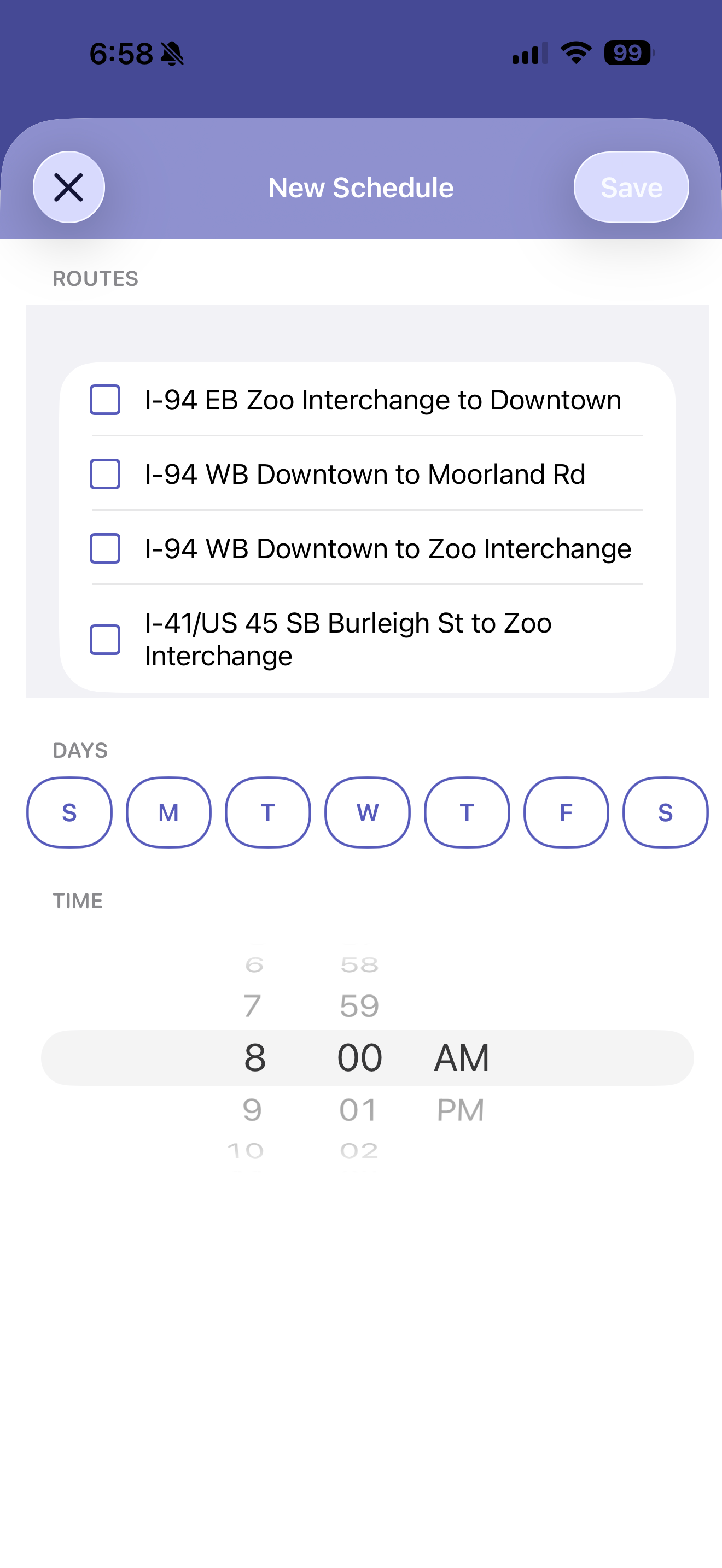 New Schedule creator showing route checkboxes, day-of-week selector, and a time picker set to 8:00 AM.