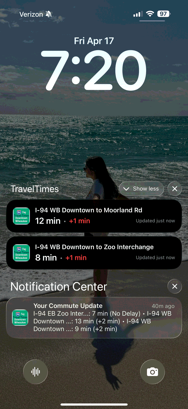 iPhone Lock Screen with Travel Times Live Activities for two I-94 routes and a Notification Center banner showing a Your Commute Update push with per-route delays.